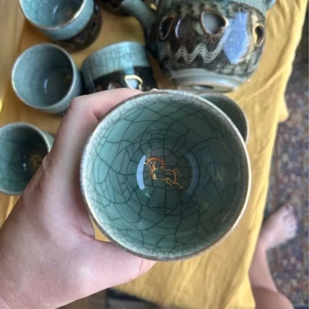 Vintage Obori Soma-yaki Double Walled Tea Set